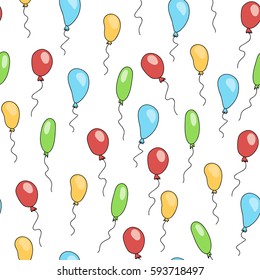 Seamless cute pattern with cartoon balloons of different bright colors on white background. Colorful Vector Illustration for Birthday cards or wrapping.