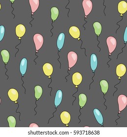 Seamless cute pattern with cartoon balloons of different bright colors on grey background. Colorful Vector Illustration for Birthday cards or wrapping.