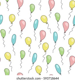 Seamless cute pattern with cartoon balloons of different soft colors. Colorful Vector Illustration for Birthday cards or wrapping.