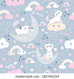 Seamless cute pattern with with cute caticorn and clouds and moon. Sweet dream ,Kawaii style.