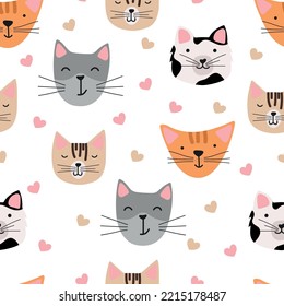 Un lindo patrón sin gracia con gatos y corazones. Patrón vectorial para tejidos, textiles, embalajes, papel y bolsas. Patrón para postales.	