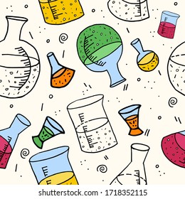 Seamless cute pattern of chemistry, science, metrology For pajamas, linens, wallpapers, paper. 