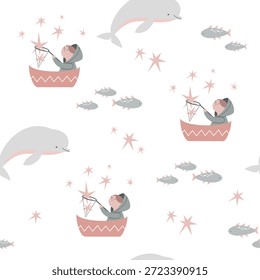Um padrão bonito e contínuo: uma criança pegando estrelas com uma rede, um mergulho de baleia beluga, peixes nadando. Ilustração vetorial bonito para crianças.