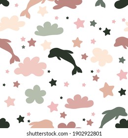 
Seamless cute pattern for children.Colorful dolphins, clouds and stars. Underwater cartoon world. Scandinavian style for fabric, wallpaper, clothes, diapers, clothes, diary, sticker