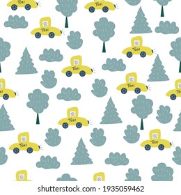 Seamless cute pattern of city streets with taxis, trees, fir trees and bushes. Vector illustration on white background 