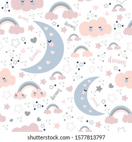 Seamless cute pattern with clouds and moon. Sweet dream ,Kawaii style.