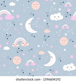 Seamless cute pattern with clouds and moon. Sweet dream ,Kawaii style.
