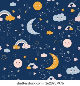 Seamless cute pattern with clouds and moon. Sweet dream ,Kawaii style.