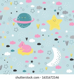 Seamless cute pattern with clouds and moon. Sweet dream ,Kawaii style.