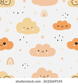 Seamless cute pattern with clouds, rainbow and star. Vector illustration. Colorful background. For fabric, kids clothes, baby apparel, textile, wallpaper etc