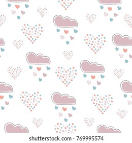 Seamless Cute Pattern with clouds raining with hearts and grouped mosaic hearts on white background. Cute decorative swatch. Vector Illustration