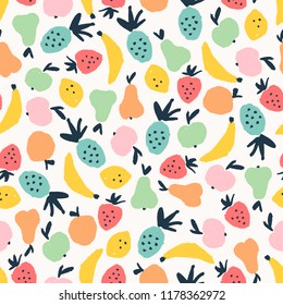 Seamless cute pattern with color hand drawn fruits