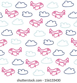 Seamless cute pattern with color planes and clouds. Vector illustration