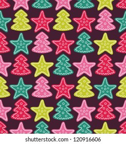 Seamless cute pattern with color stars and christmas trees. Vector illustration