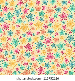Seamless cute pattern with color stylized snowflakes. Vector illustration