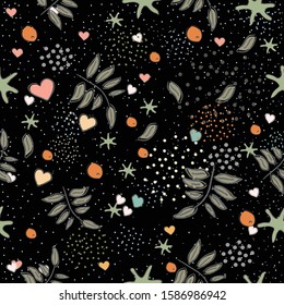 Seamless Cute Pattern with colorful leaves. Scandinavian Style. Vector Illustration.