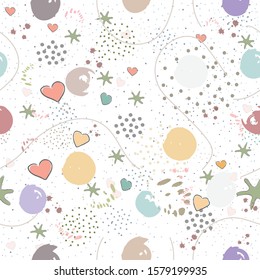 Seamless Cute Pattern with colorful round shapes and dots, splashes and hearts. Scandinavian Style. Vector Illustration.
