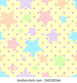 Seamless cute pattern with colorful stars with small round holes on a light background