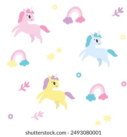 Seamless cute pattern colorful unicorn. Texture for fabric, wrapping, textile, wallpaper, apparel. Flat Vector illustration in white background.