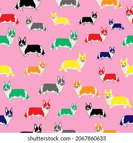 Seamless cute pattern of corgi dog on pink background