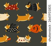 Seamless cute pattern with corgi dogs in halloween costumes. Vector hand drawn illustration for the holiday.