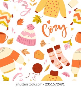 Seamless cute pattern with cozy and autumn elements on a white background. Perfect for wallpaper, gift paper, template fill, web page background, autumn greeting cards. Vector resource