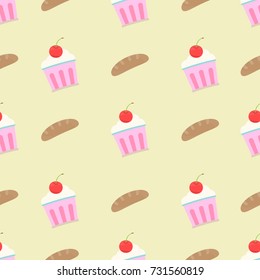 Seamless cute pattern with cupcake and toast on yellow color background