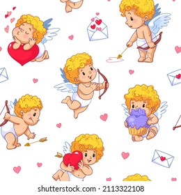 Seamless cute pattern with cupids and angels. Valentine with bow and arrows. Vector cartoon for children's clothing, packaging, postcards. Valentine's Day, wedding and other holidays