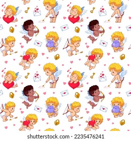 Seamless cute pattern with cupids and angels on a white background. Valentine card with bow and arrows. Vector cartoon for children's clothing, packaging, postcards. Wedding and other holidays