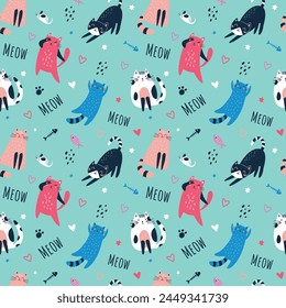 Seamless cute pattern with different funny cats. Creative childish texture. Great for fabric, textile Vector Illustration on blue background