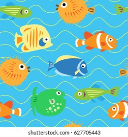 Seamless cute pattern with a different tropical fish