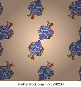 Seamless cute pattern with a different tropical fish on beige, violet and neutral. Vector illustration.
