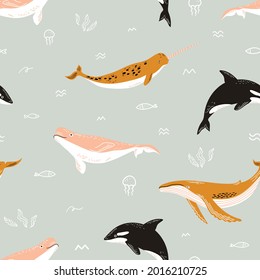 Seamless cute pattern with different types of whales (orca or killer whale, narwhal, beluga, sei, blue), doodle algae, fish and jellyfish. Undersea illustration for kids design, fabric, textile