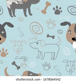 Seamless cute pattern with dogs, bone, footprint, flowers, plants and hearts for children and babies in cartoon style on a blue background.