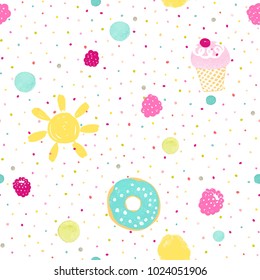 Seamless cute pattern with donut, ice cream, sun and barries. Vector delicate illustration on white background.