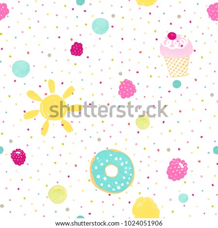 Seamless cute pattern with donut, ice cream, sun and barries. Vector delicate illustration on white background.