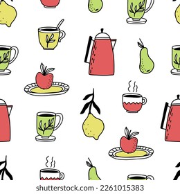 Seamless cute pattern with doodle hand drawn elements apples teapot cup of tea lemon etc. Scandinavian design style, vector illustration for textile, manufacturing. Vector illustration