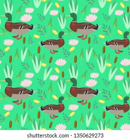 Seamless cute pattern with ducks and plants