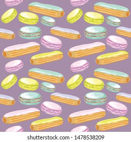 Seamless cute pattern with eclairs and french macaroons. Delicate background with sweets. Vector illustration.