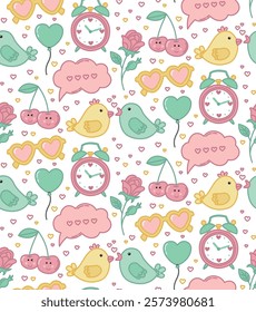 Seamless cute pattern with elements on the theme of love. Pastel colors background with a couple of birds, cherries, a balloon and sunglasses in the shape of a heart