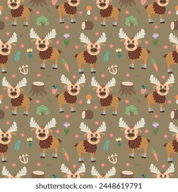 Seamless cute pattern with elk and forest elements - log, flowers, trees. Flat style children's vector