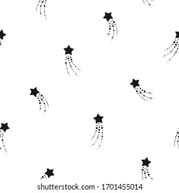 Seamless cute pattern of falling black stars with trace on white background. Vector illustration. Magic fireworks. Bright Stardust background. Constellation. 