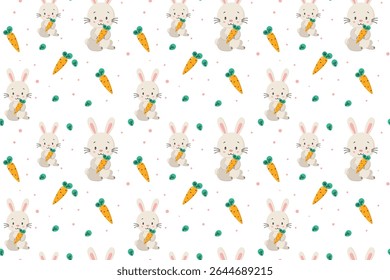 Seamless cute pattern featuring an adorable bunny holding a carrot in a flat cartoon style. Perfect for children`s fabrics, baby clothes, scrapbooking, nursery prints, and packaging.
