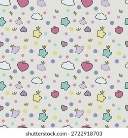 Seamless cute pattern featuring colorful, hearts, cloud, stars, and decorative shapes in a playful hand -drawn doodle style. Soft pastel colors and whimsical elements create a charming design ideal for packaging, wrapping paper, textile prints, stationery, and back