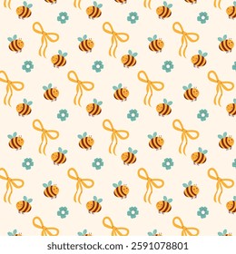 A seamless cute pattern featuring smiling bees, yellow bows, and blue flowers on a light background. Perfect for kids’ products, textiles, packaging, and digital design