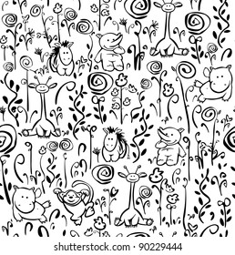 Seamless cute pattern of flora and fauna
