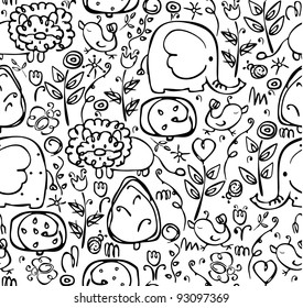 Seamless cute pattern of flora and fauna