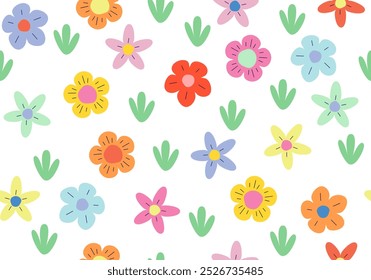 Seamless cute pattern with flowers. Colorful bright texture background. Vector illustration