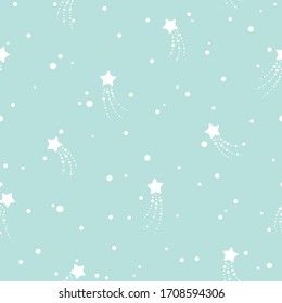 Seamless cute pattern with flying  stars, dots and circles on powder blue sky. Vector illustration. Magic fireworks ornament. Bright Stardust background. Constellation wallpaper. 