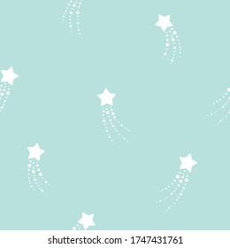 Patrón lindo e incomparable con estrellas voladoras, puntos y círculos sobre el cielo azul polvo. Ilustración vectorial. Ornamento de fuegos artificiales mágicos. Fondo de Stardust brillante. Papel mural de constelación. 